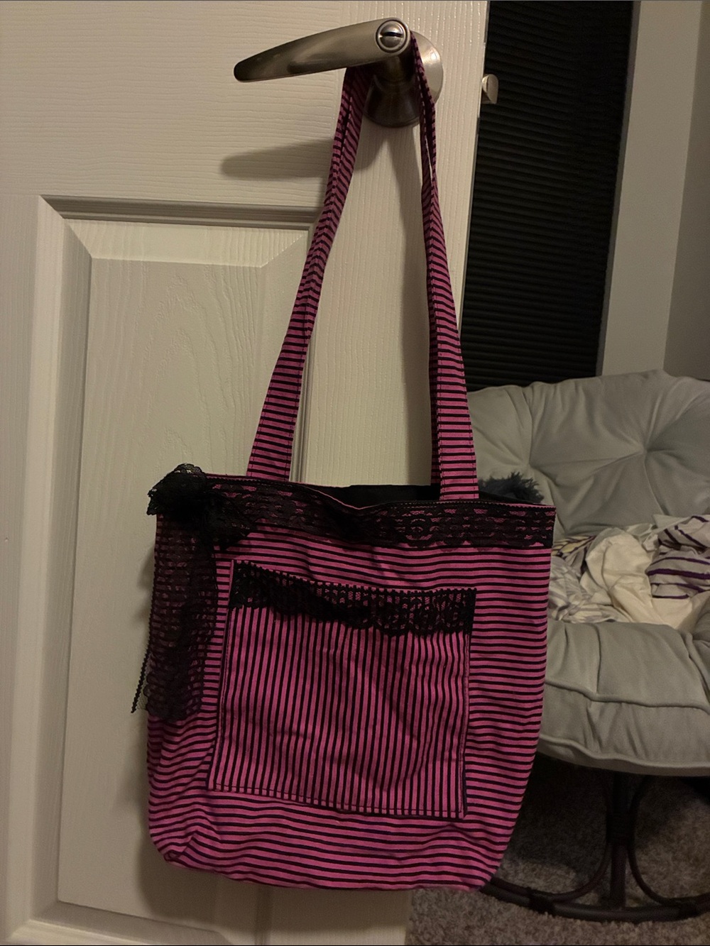 Striped Pink and Black Lace Accent Tote Bag